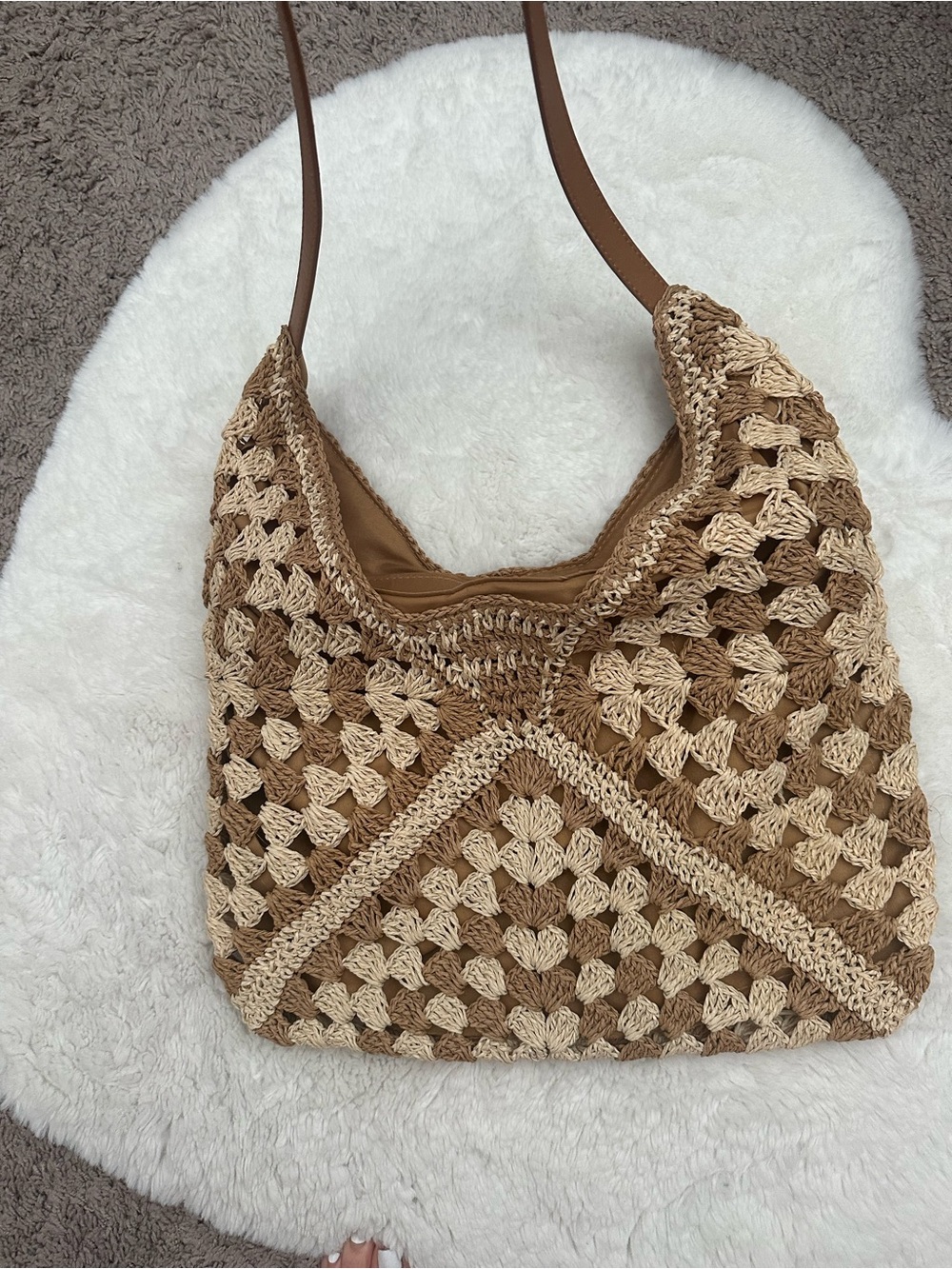 Handwoven Beige and Tan Crochet Shoulder Bag